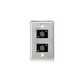 A silver wall plate displaying two sockets for electrical outlets.